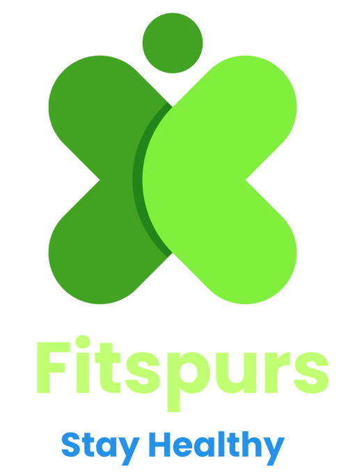The digital logo for Fitspurs, featuring a green and lime green abstract 'X' icon with a small person silhouette, above the text 'Fitspurs Stay Healthy' in green and blue on a solid white background.