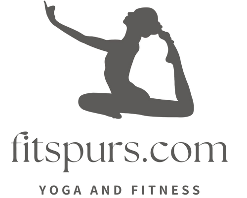 A gray logo on a white background featuring a seated yoga figure silhouette above the text 'fitspurs.com' and 'YOGA AND FITNESS'.