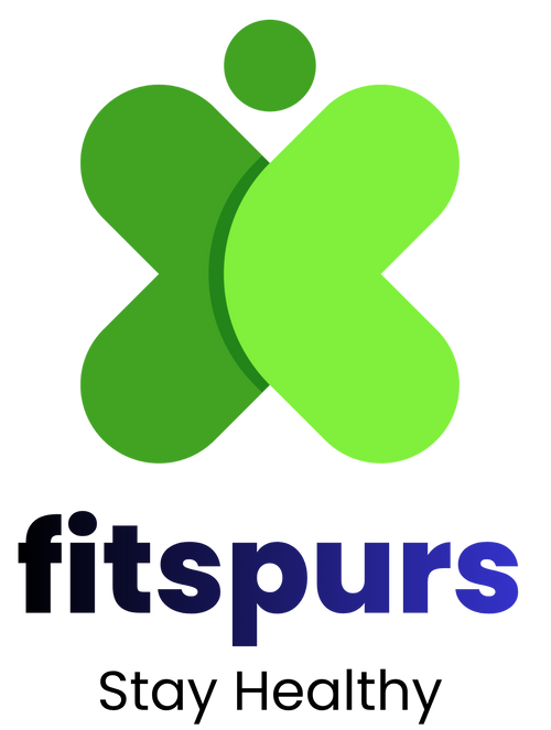 The logo for fitspurs, featuring a green stylized 'X' with a small person silhouette inside, above the text 'fitspurs' in dark blue and 'Stay Healthy' in black, on a solid white background.